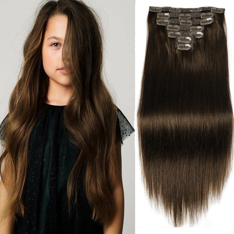 FAAAL 16" Clip in Human Hair Extensions Full Head 130g 7 Pieces 16 Clips 4# Chocolate Brown Double Weft Brazilian Real Remy Hair Extensions Thick Straight Silky (16",130g Chocolate Brown) - Image 1